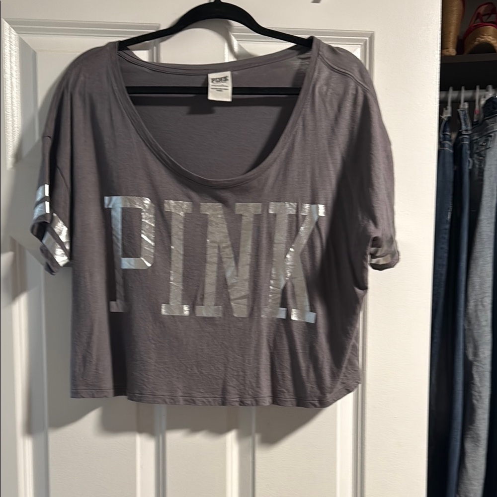 Gray Cropped T-Shirt with Silver Lettering